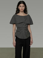 unspoken Breathable Minimal Loose Ruffle Boatneck Women Plaid Button Short Sleeve Blouses