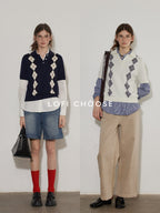 Lofi choose Cozy Argyle Polo Short Sleeve Loose Fit Vintage Knitwear Women Sweaters