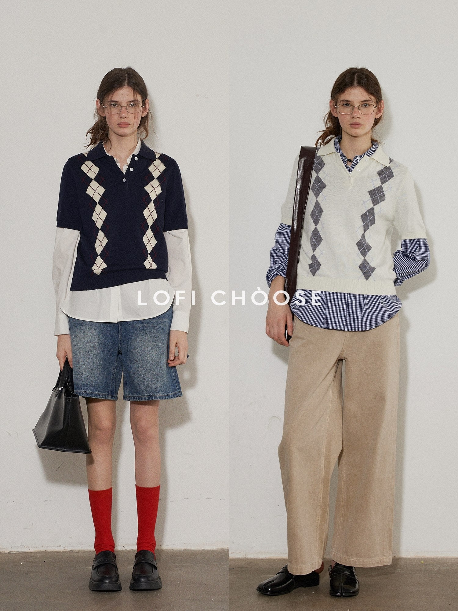 Lofi choose Cozy Argyle Polo Short Sleeve Loose Fit Vintage Knitwear Women Sweaters