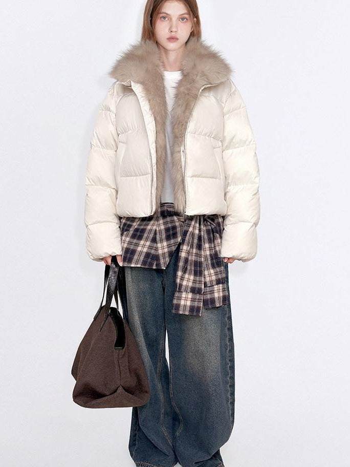fano 90 Percent White Duck Down Warm Short Stand Collar Plaid Women Down Jackets