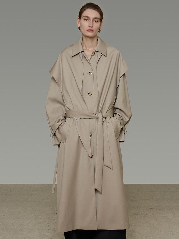 unspoken Minimalist Longline Single Breasted Loose Fit Women Beige Trench Coats