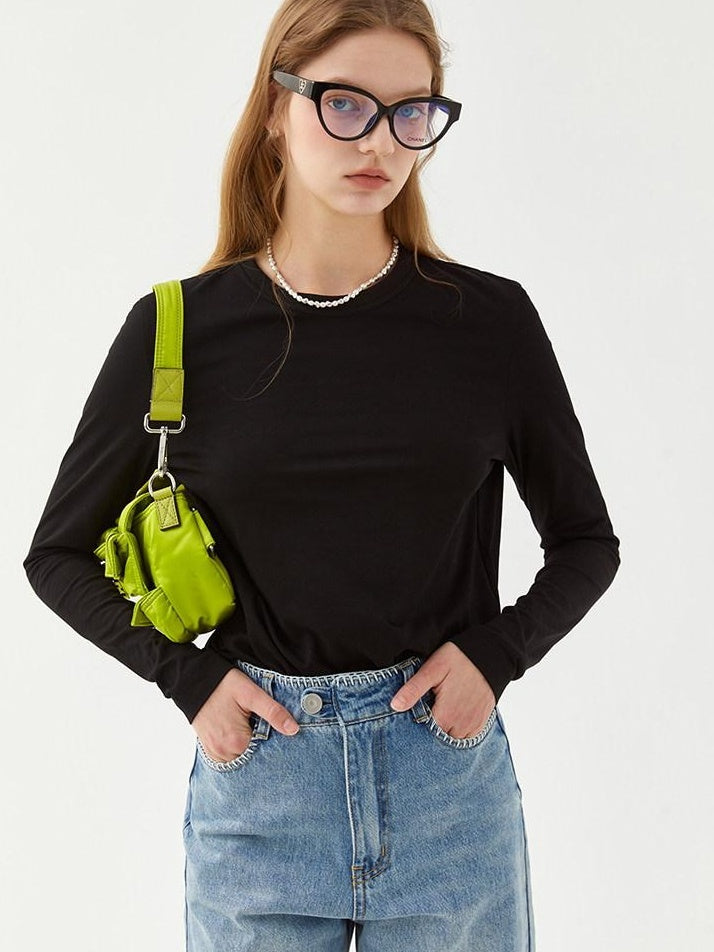 fano Minimalist 100 Percent Cotton Loose Crew Neck Women Basic Long Sleeve T-Shirts