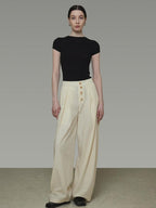 unspoken High Waist Lyocell Blend Pleated Button Minimal Workwear Wide Leg Pants