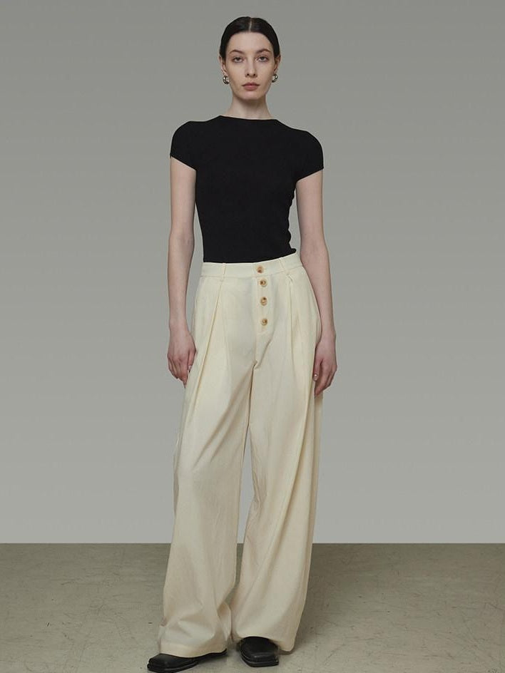 unspoken High Waist Lyocell Blend Pleated Button Minimal Workwear Wide Leg Pants