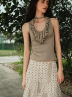 someonesometimes Light Lyocell Slim Ruffle Tie Cami Workwear Women Olive Green Tank Tops