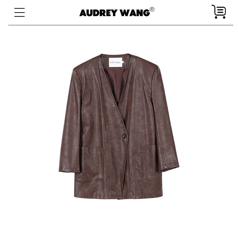 audreyyang_Pu_Leather_Mid_Length_V-neck_Oversized_Workwear_Office_Casual_Blazers_MISSTT