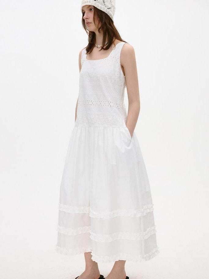 fano Cotton Korean Work Aline Sleeveless Round Neck Natural Waist White Maxi Dresses