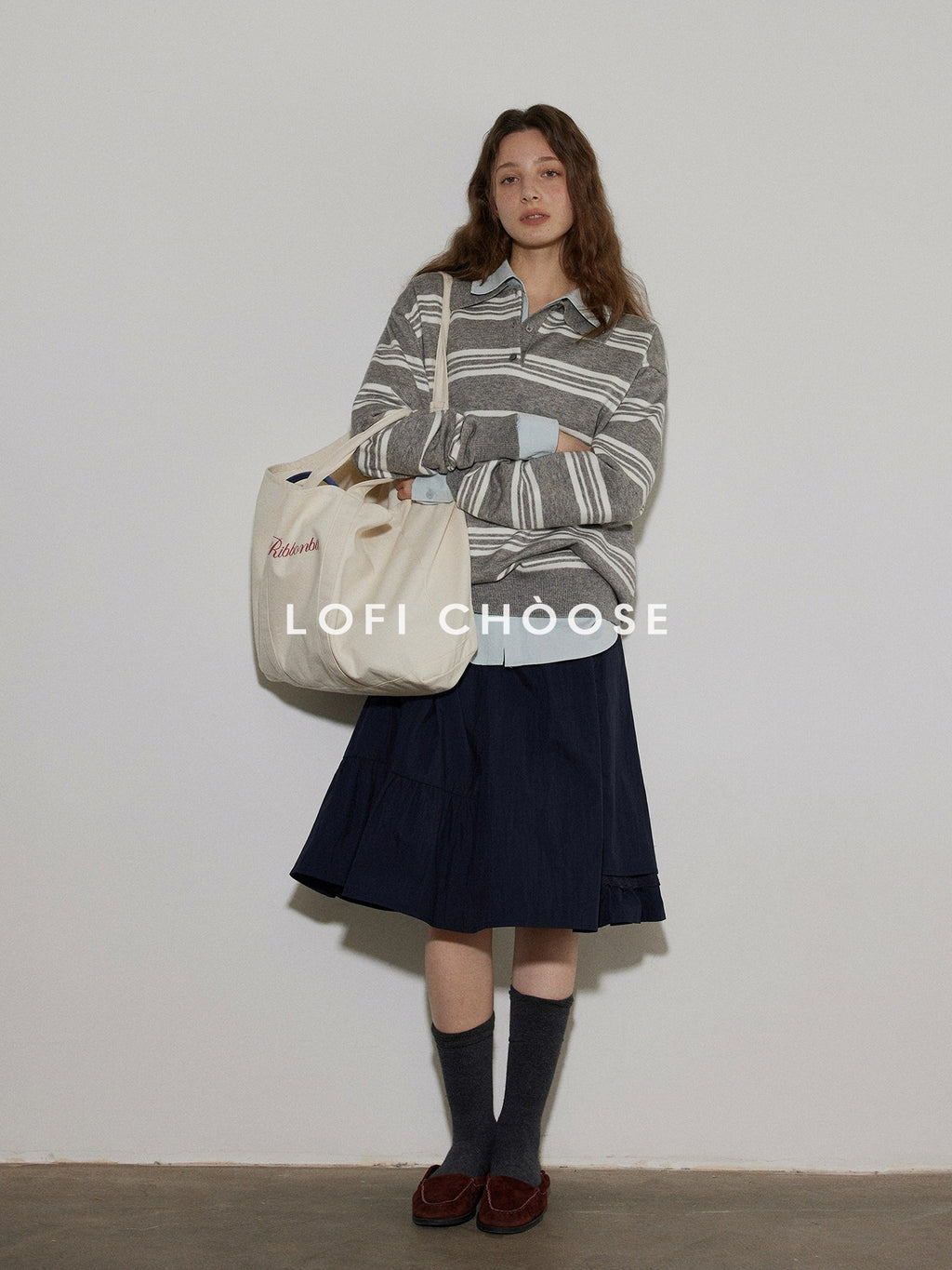 Lofi choose Soft Acrylic Blend Loose Fit Striped Polo Collar Office Women Knit Sweaters