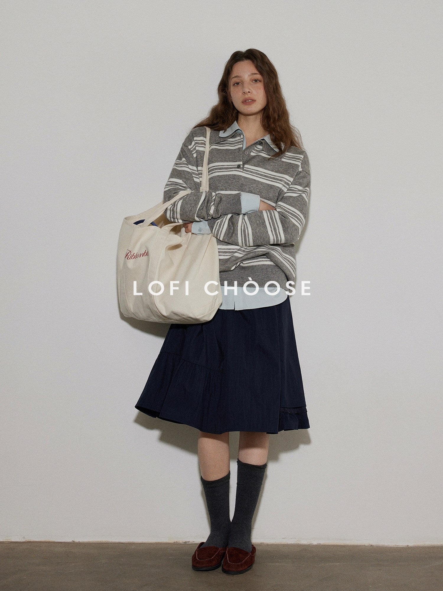Lofi choose Soft Acrylic Blend Loose Fit Striped Polo Collar Office Women Knit Sweaters