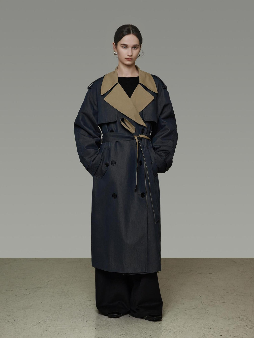unspoken Navy Cotton Denim Double Breasted Loose Fit Commuter Women Trench Coats