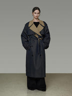 unspoken Navy Cotton Denim Double Breasted Loose Fit Commuter Women Trench Coats