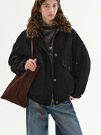 fano Warm 90% White Duck Down Fur Collar Loose High Waist Minimal Black Down Jackets