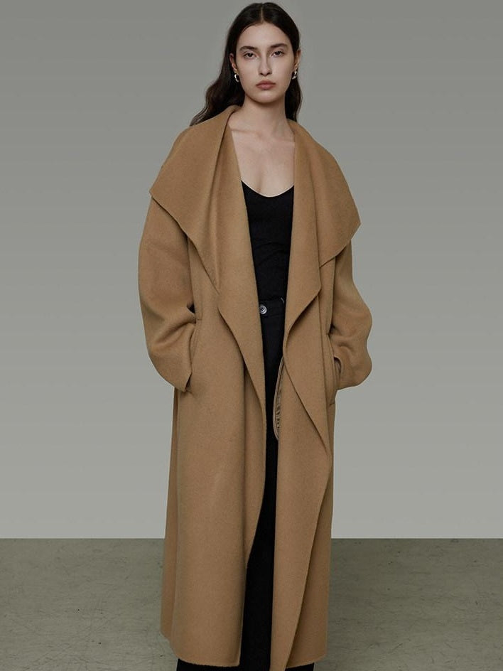 unspoken Thick 100 Percent Sheep Wool Long Loose Lapel Minimalist Sand Brown Wool Coats
