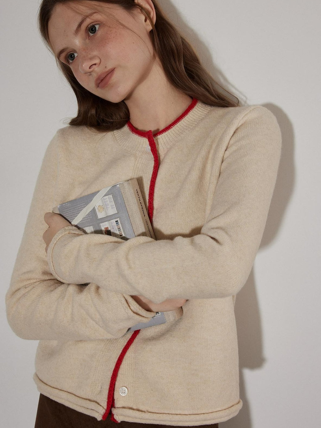 Lofi choose Cozy Contrast Trim Rolled Cuff Relaxed Fit Office Women Knit Button Cardigans