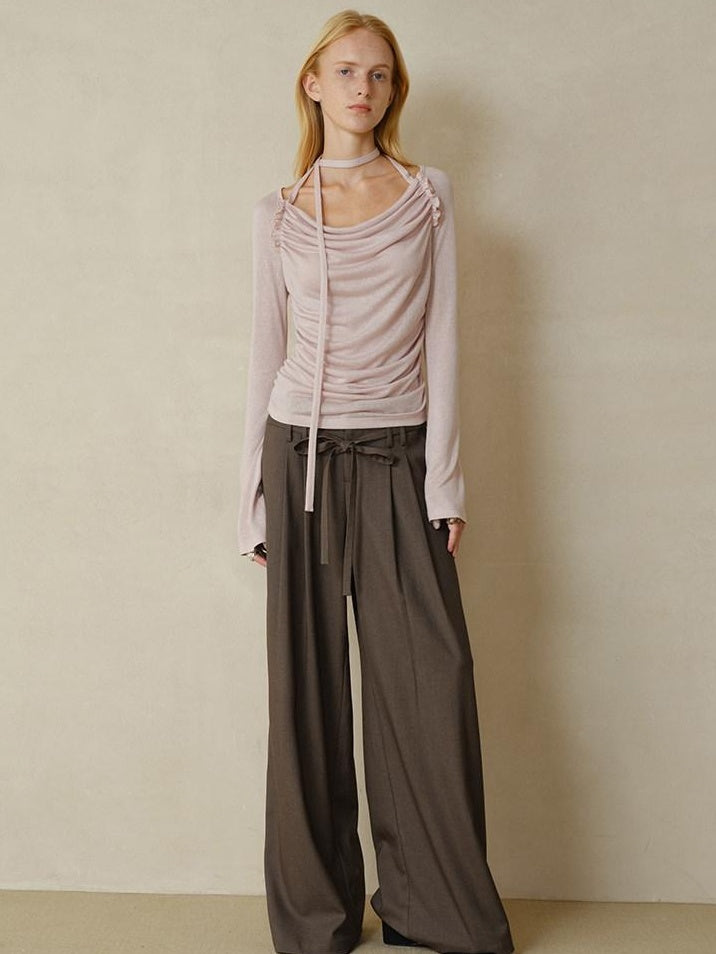 someonesometimes Lyocell Blend Slim Ruched Bell Sleeve Mauve Drape Neck Long Sleeve T-Shirts