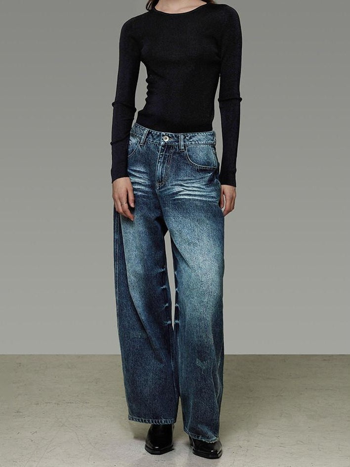 unspoken Washed High Waist Durable Workwear Vintage Blue Button Fly Rigid Wide Leg Jeans