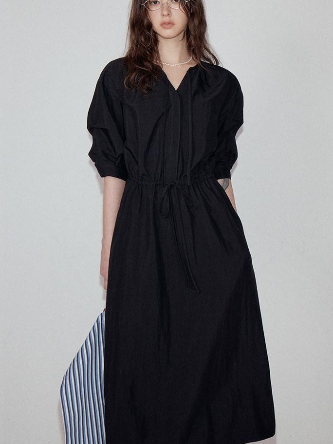 fano Flattering Tied Waist Workwear A Line V-neck Women Viscose Nylon Black Maxi Dresses