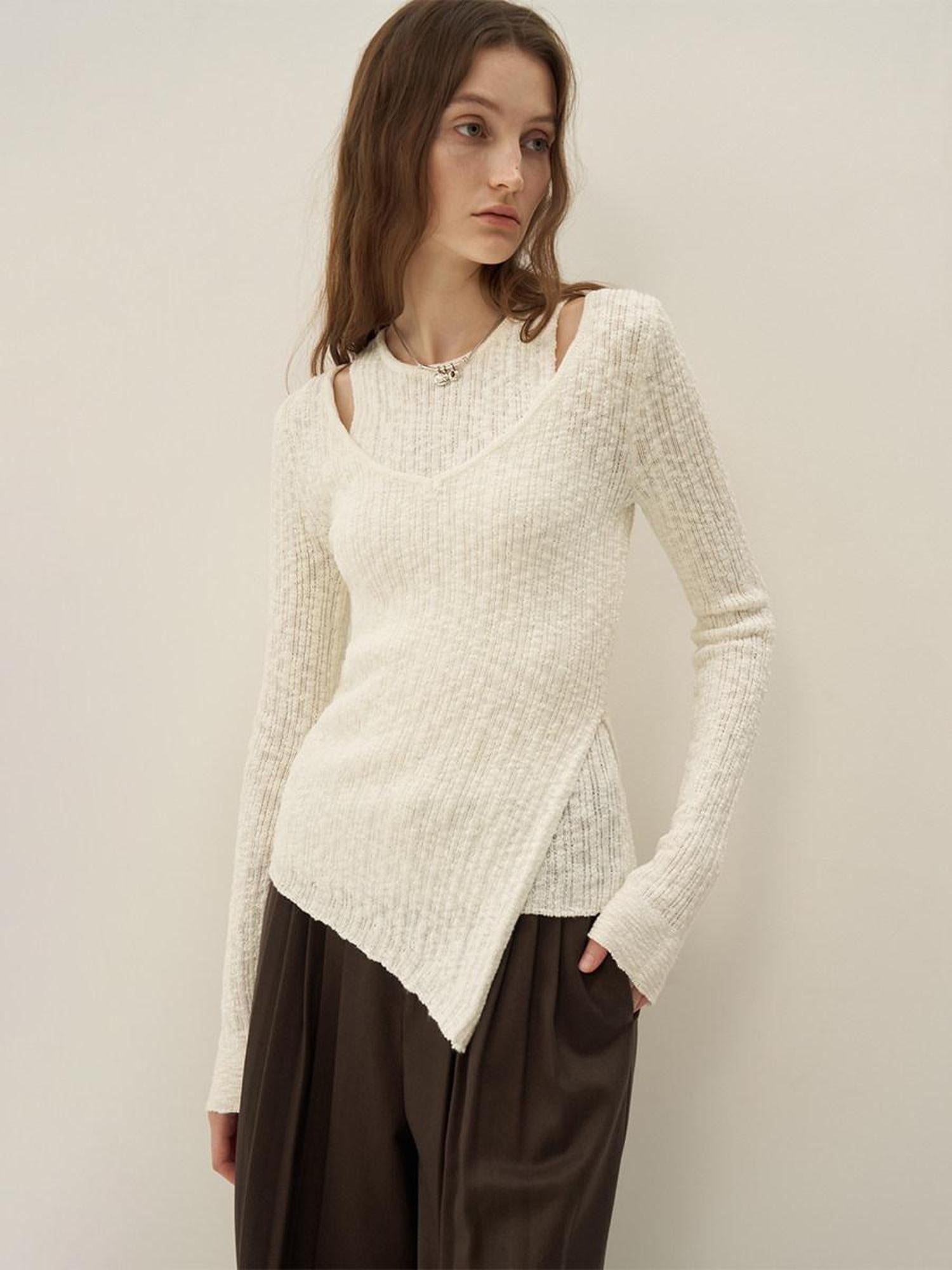 someone sometimes Polyester Blend Knit V-neck Slim Fit Sweet Ivory Women Long Sleeve T-Shirts