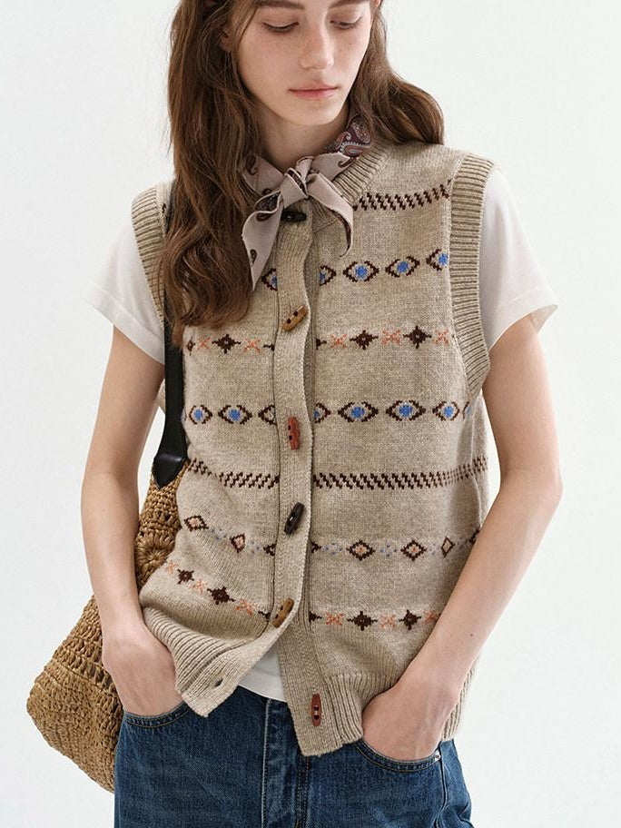 fano Breathable Knitted Wool Blend Geo Round Neck Button Loose Fit Commuter Vests
