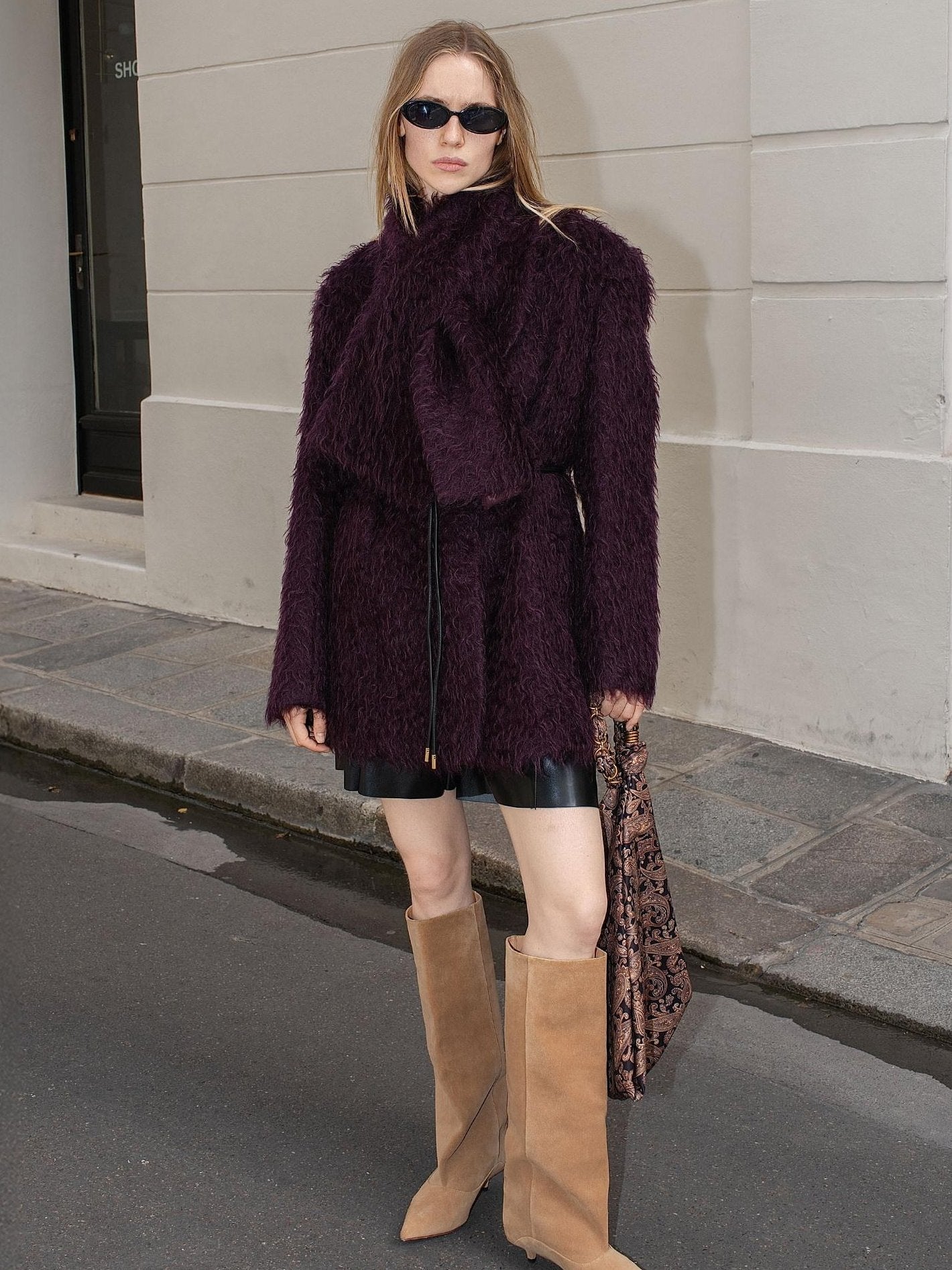 audreyyang Thick Mohair Blend Commuter V-neck For Women Solid Mustard And Grape Wool Coats