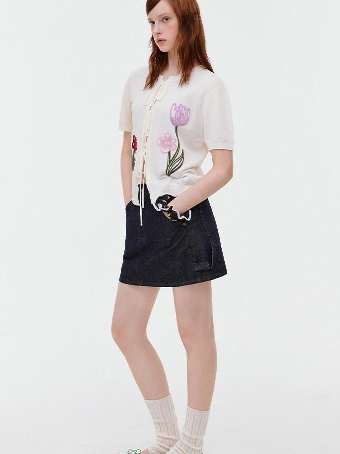 fano V-neck Tie Front Floral Short Sleeve Korean Loose Fit Women Beige Cardigans