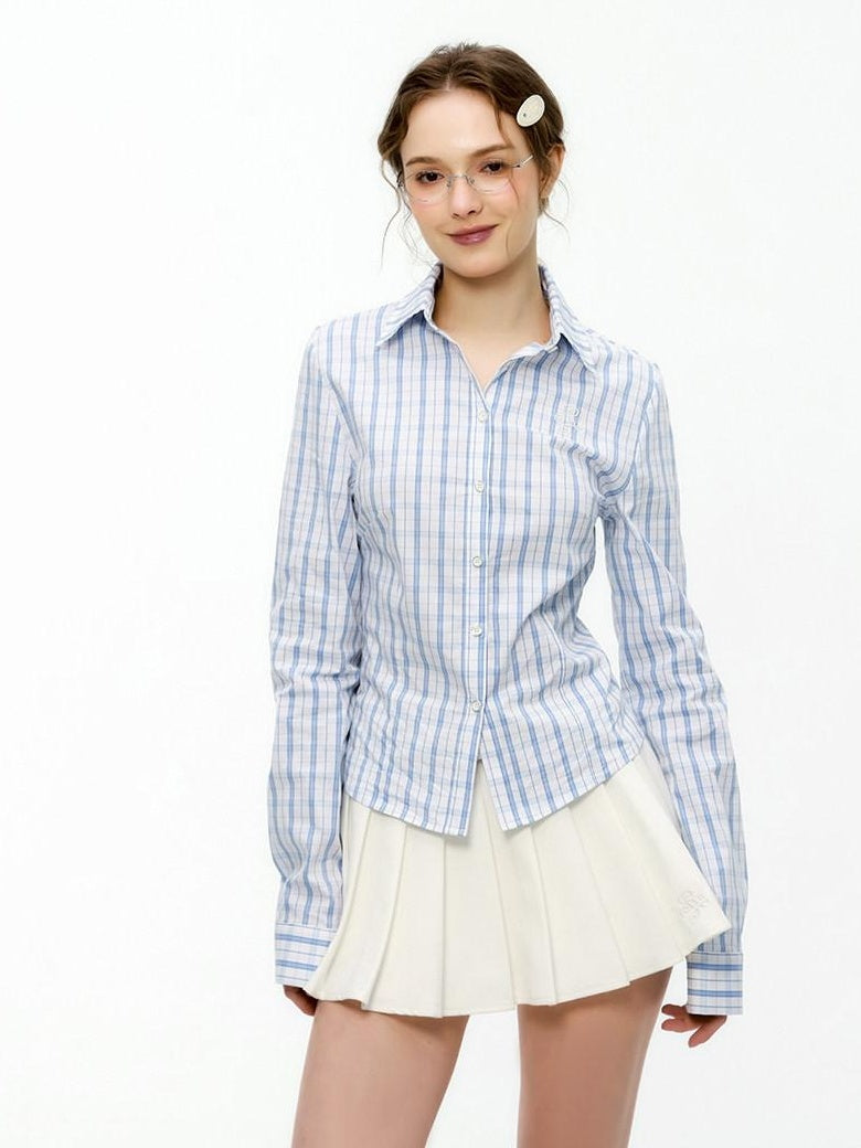 ikyou Shape Retention Slim Fit Pleated Embroidered Plaid Collared Long Sleeve Shirts