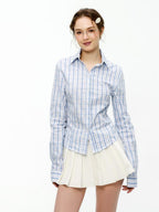 ikyou Shape Retention Slim Fit Pleated Embroidered Plaid Collared Long Sleeve Shirts