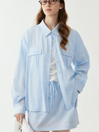 fano Breathable Lyocell Korean Oversized Collared Long Sleeve Women Blue Shirts
