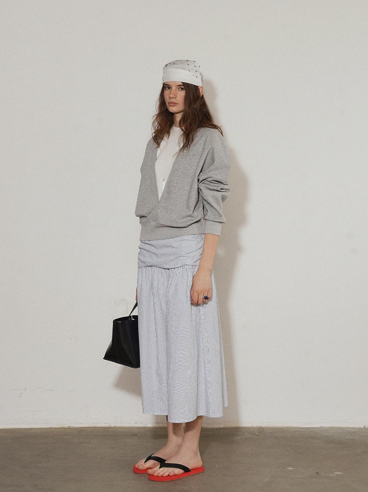 Lofi choose High Waist Cotton Comfort Pleated Loose Fit Office Women Blue Stripe Midi Skirts