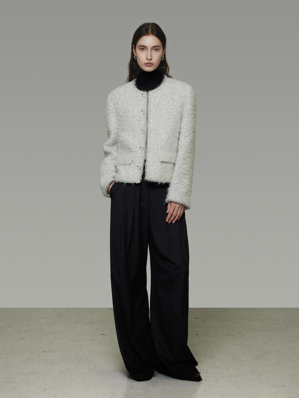 unspoken Lambswool Minimal Commuter Loose Single Button Round Neck Women Cropped Jackets