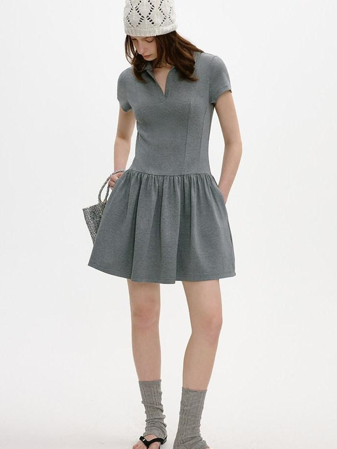 fano Soft Cotton Vintage Polo Collar A Line Natural Waist Girl Deep Gray Midi Dresses