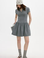 fano Soft Cotton Vintage Polo Collar A Line Natural Waist Girl Deep Gray Midi Dresses