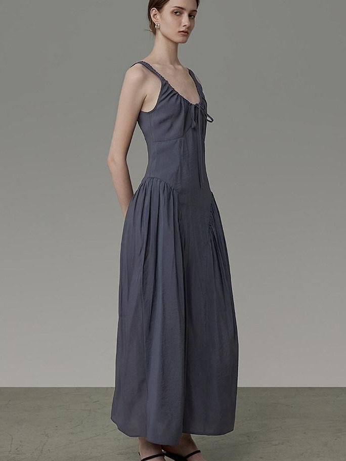 unspoken Pleated High Waist Minimal H Silhouette U Neck Sleeveless Office Maxi Dresses