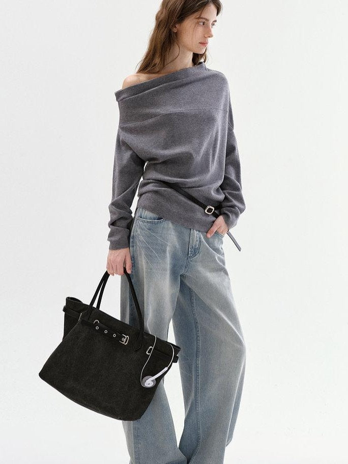 fano Minimalist Office Regular Asymmetric Neck Batwing Sleeve Women Nylon Sweaters