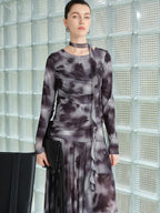 audreyyang Elegant Sash Fitted Knit Long Sleeve Grey Ombre Maxi Dresses