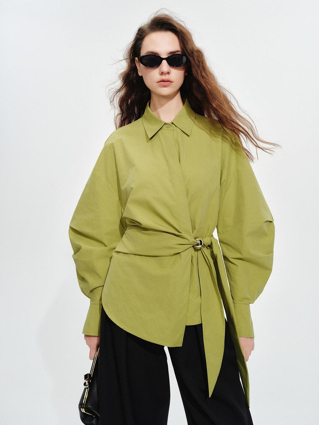 audreyyang Shape Retaining Casual Relaxed Tie Drop Shoulder Women Cotton Blend Shirts
