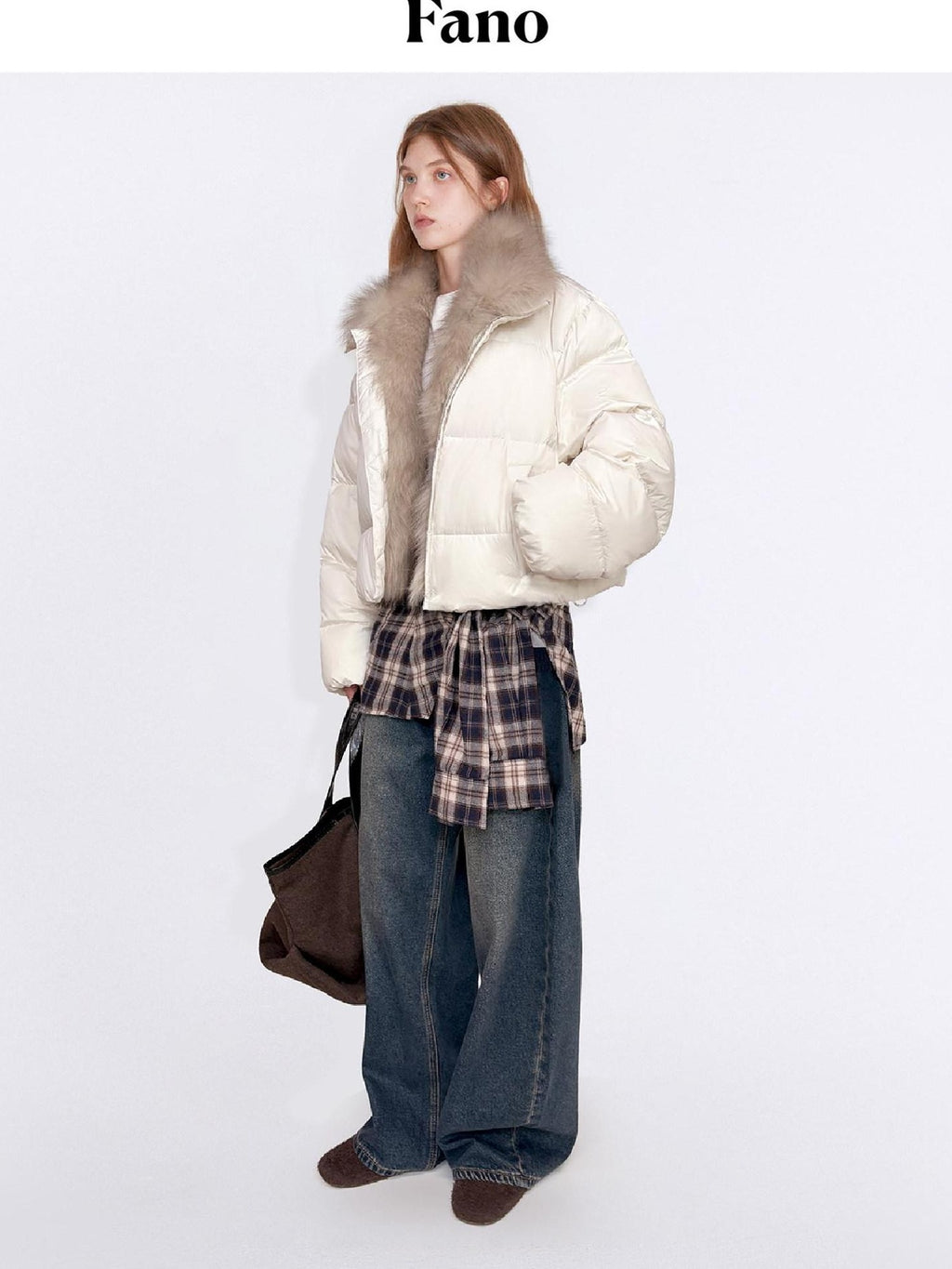fano 90 Percent White Duck Down Warm Short Stand Collar Plaid Women Down Jackets