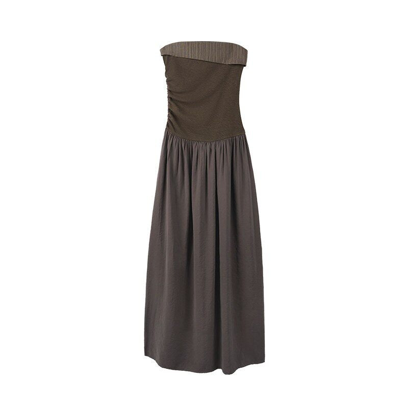 someonesometimes Tencel Modal Splice Slim Off Shoulder Strapless Casual Taupe Maxi Dresses