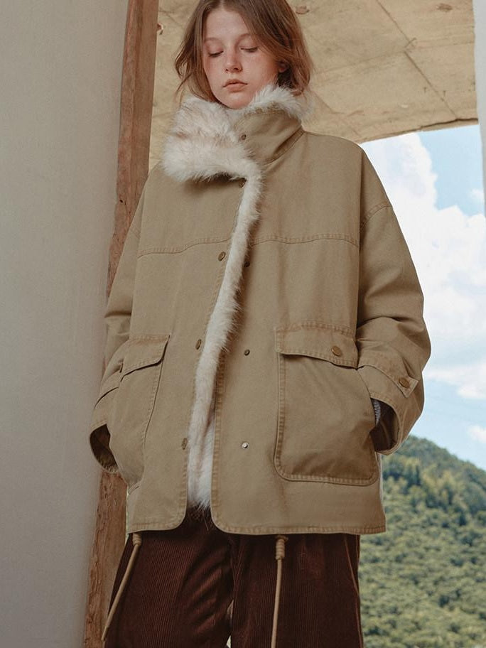 fano 90% White Duck Down Warm Korean Straight Washed Khaki Stand Collar Down Jackets