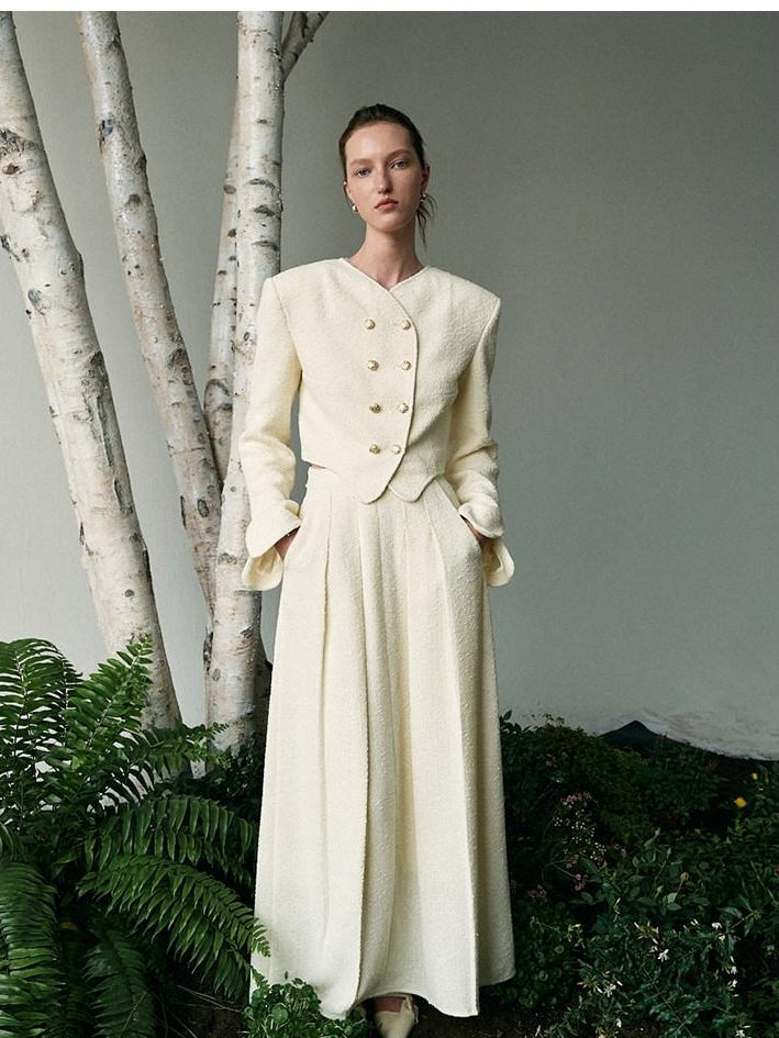 unspoken Original Design Double Breasted Cream Straight Fit Long Sleeve Top & Skirt Sets