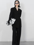audreyyang Pleated Double Breasted Oversized V-neck Mid Length Women Workwear Blazers
