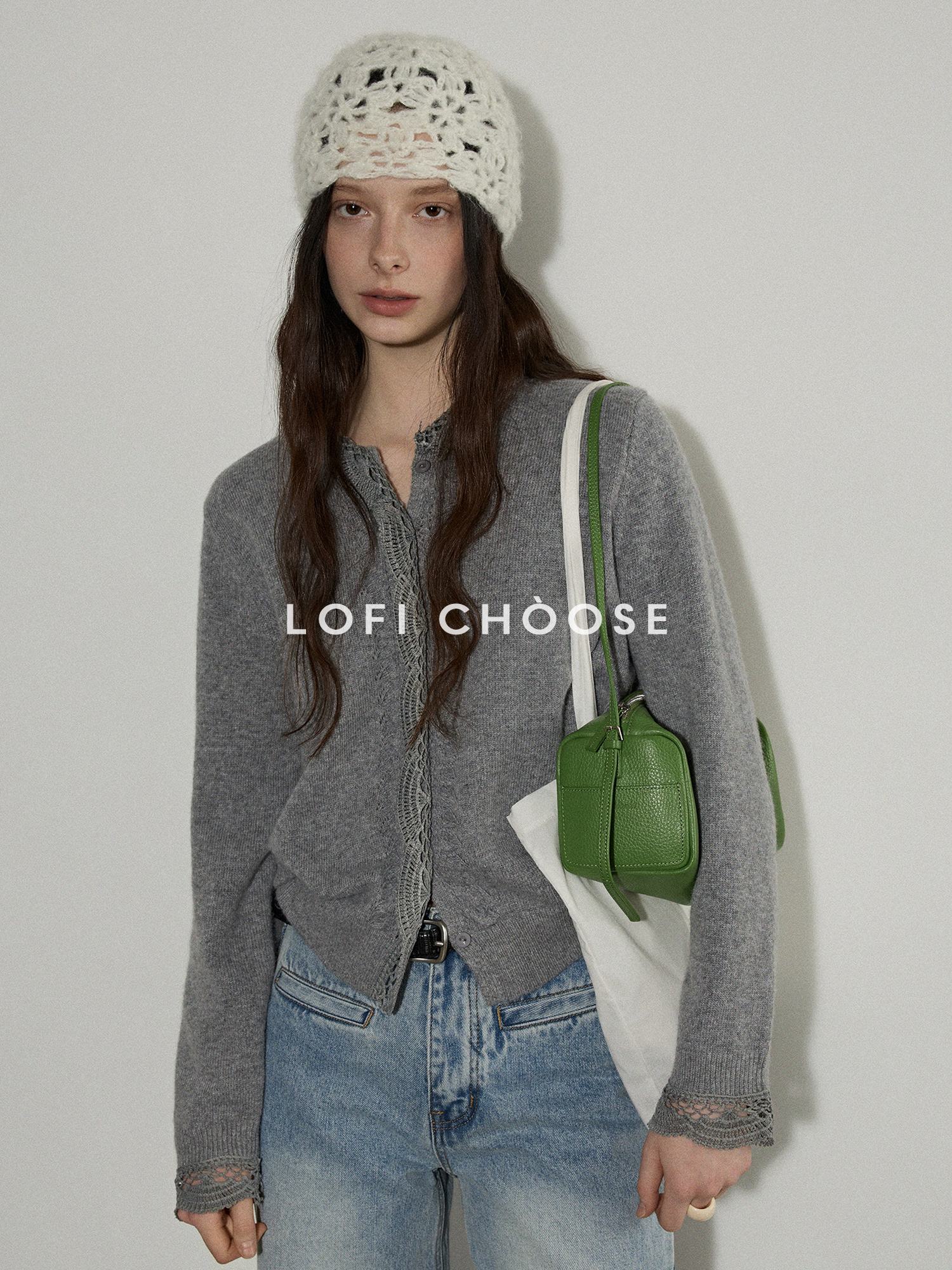 Lofi choose Soft Wool Blend Lace Trim Loose Fit Office Women Button Light Gray Cardigans