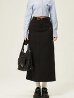ikyou High Waist Embroidered A Line Minimal Office Midi Khaki Black Maxi Skirts