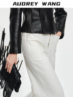 audreyyang Breathable Cotton High Waist Tailored Pockets Button Fly White Straight Pants