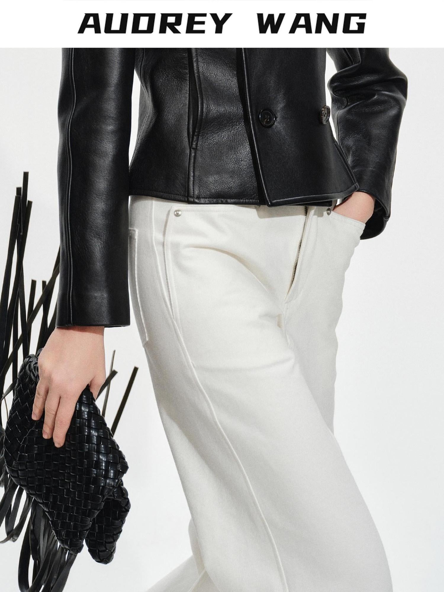audreyyang Breathable Cotton High Waist Tailored Pockets Button Fly White Straight Pants