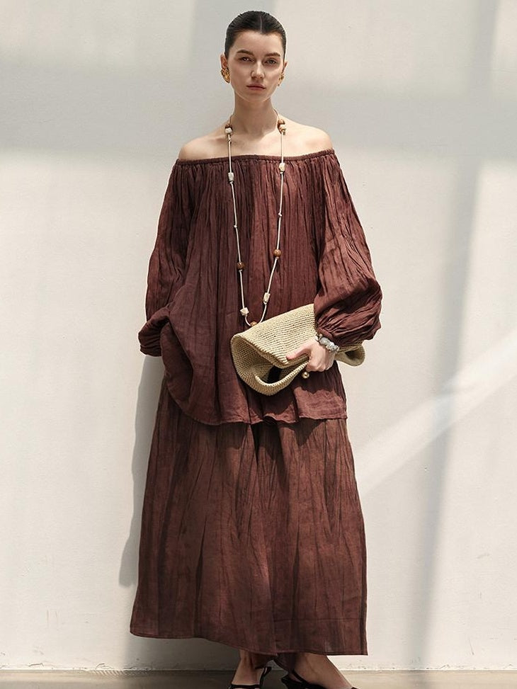 audreyyang Linen Long Sleeve Retro Loose Round Neck Women Ankle Pants Top & Skirt Sets