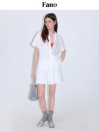 fano Pure Cotton Uv Korean Office Straight Short Sleeve Crew Neck Button Blouses