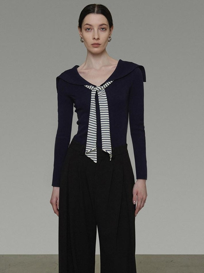 unspoken Breathable Knit Slim Fit Vintage Sailor Collar Colorblock Long Sleeve Blouses