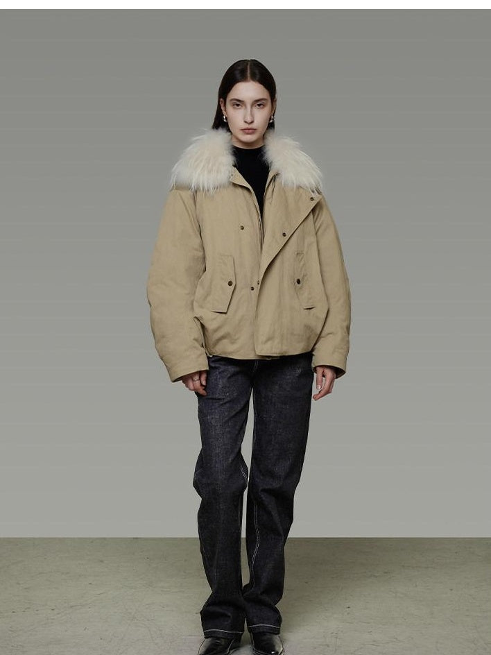 unspoken 90% White Duck Down Fur Collar Loose Commuter Khaki Zip Lapel Down Jackets
