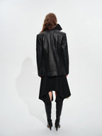 audreyyang Elegant Asymmetric Irregular Hem Mid Waist Front Zipper Black Midi Skirts